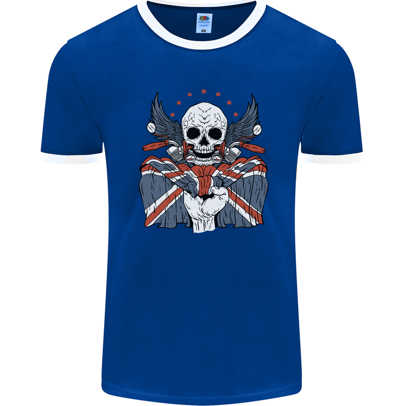 Union Jack Biker Motorbike Motorcycle Skull Mens Ringer T-Shirt FotL Royal Blue/White