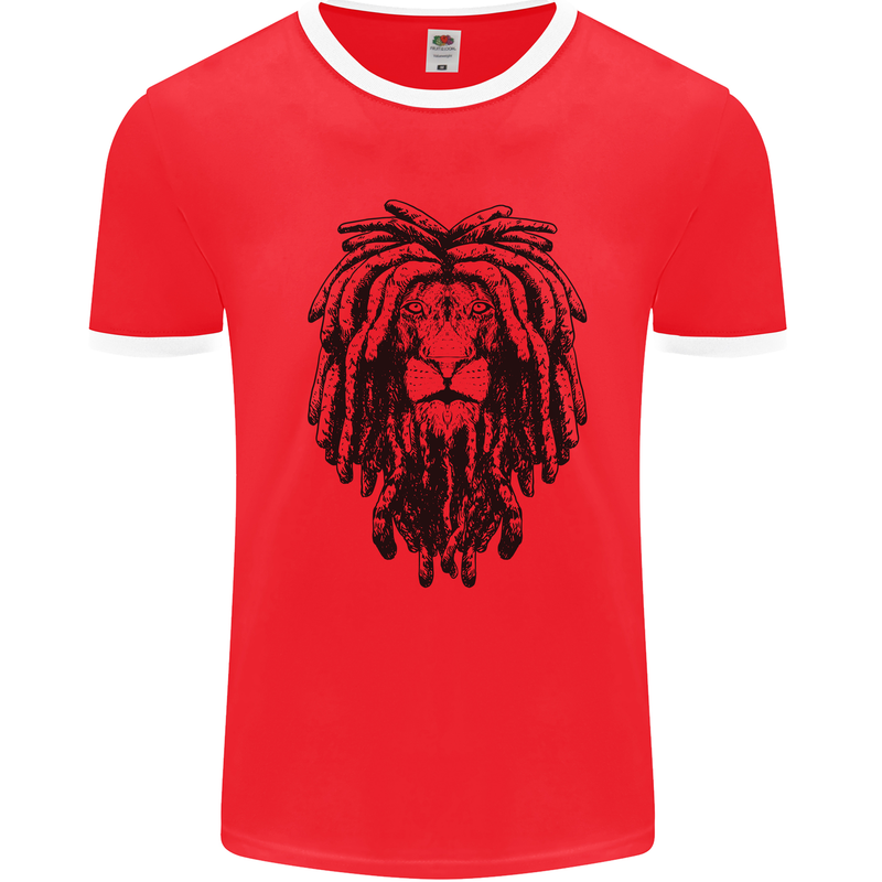 A Rasta Lion With Dreadlocks Jamaican Reggae Mens Ringer T-Shirt Red/White