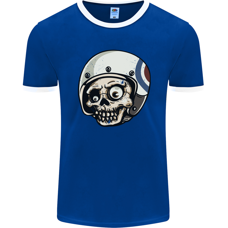 MOD Scooter Skull Motorcycle Biker Mens Ringer T-Shirt FotL Royal Blue/White