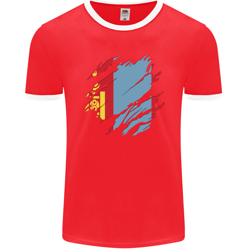 Torn Mongolia Flag Mongolian Day Football Mens Ringer T-Shirt FotL Red/White