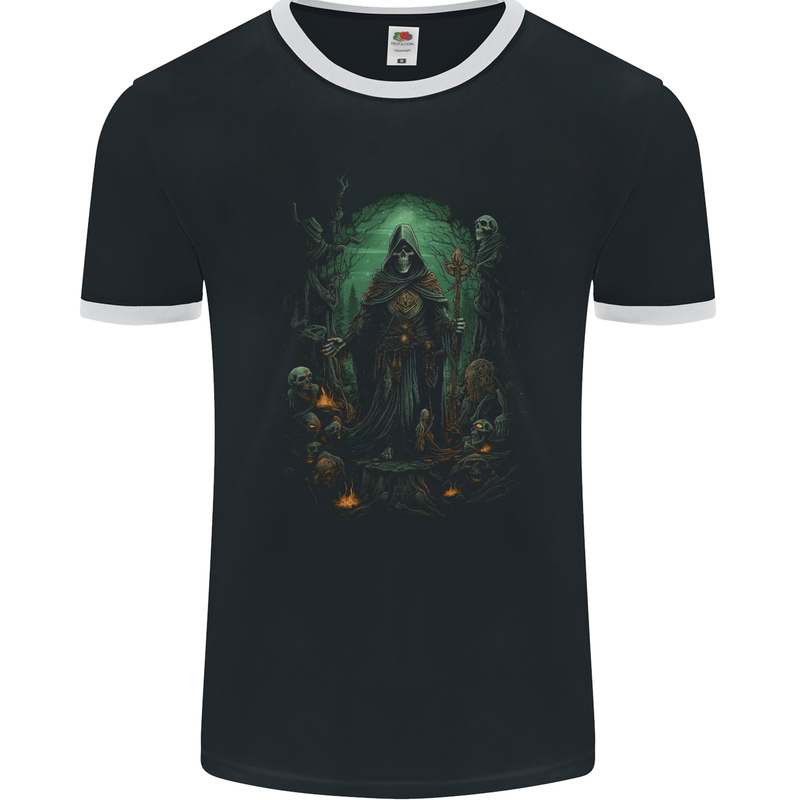 Grim Reaper Surrounded by Skulls Mens Ringer T-Shirt FotL Black/White