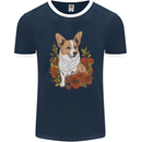 Corgi Dog With Flowers Mens Ringer T-Shirt FotL Navy Blue/White