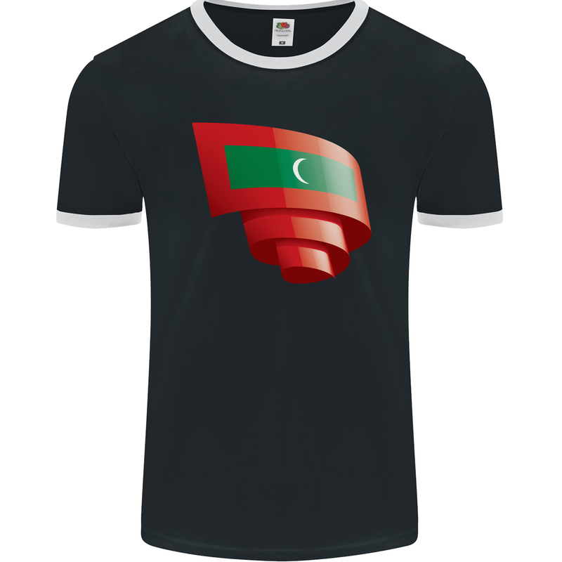 Curled Maldives Flag Maldivian Day Football Mens Ringer T-Shirt FotL Black/White