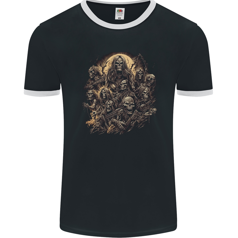 Heavy Metal Skull Rock Band Biker Music Grim Reaper Mens Ringer T-Shirt FotL Black/White