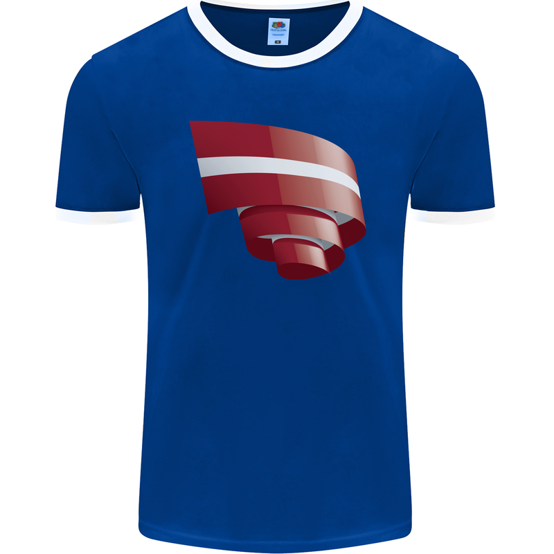 Curled Latvia Flag Latvian Day Football Mens Ringer T-Shirt FotL Royal Blue/White