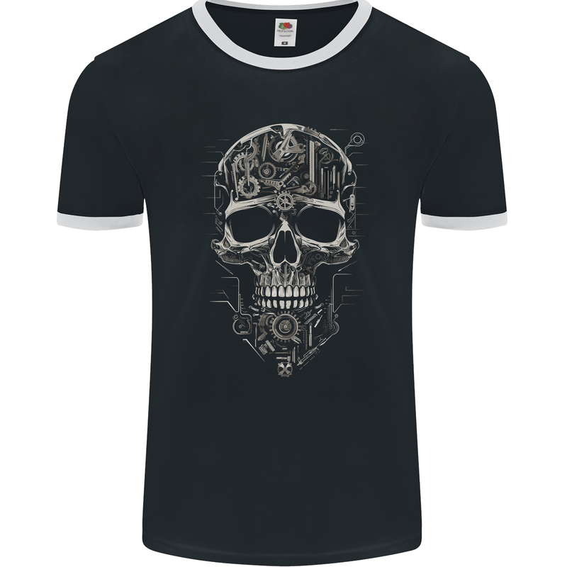 Mechanical Skull Clock Watch Mechanic Engineer Mens Ringer T-Shirt FotL Black/White