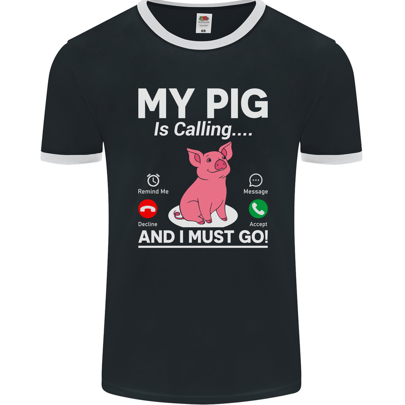 My Pig is Calling and I must Go Funny Farming Mens Ringer T-Shirt FotL Black/White