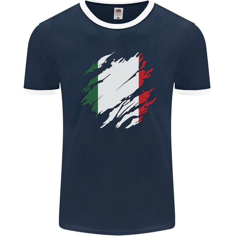 Torn Italy Flag Italians Day Football Mens Ringer T-Shirt FotL Navy Blue/White