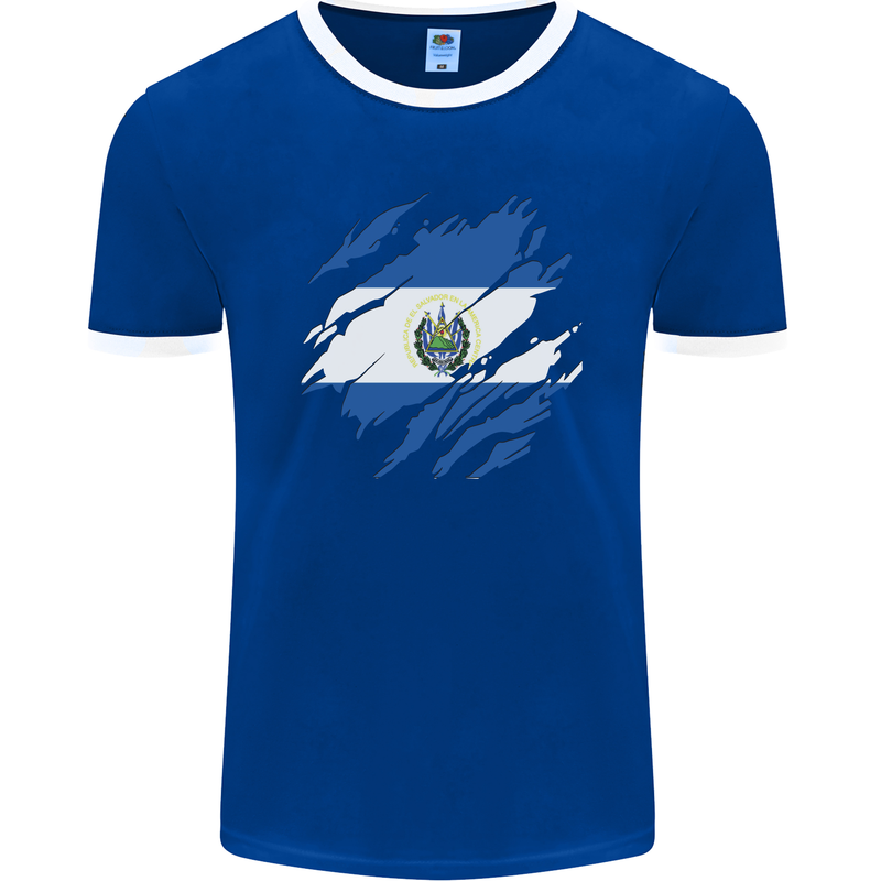 Torn Salvador Flag Salvadoran Day Football Mens Ringer T-Shirt FotL Royal Blue/White