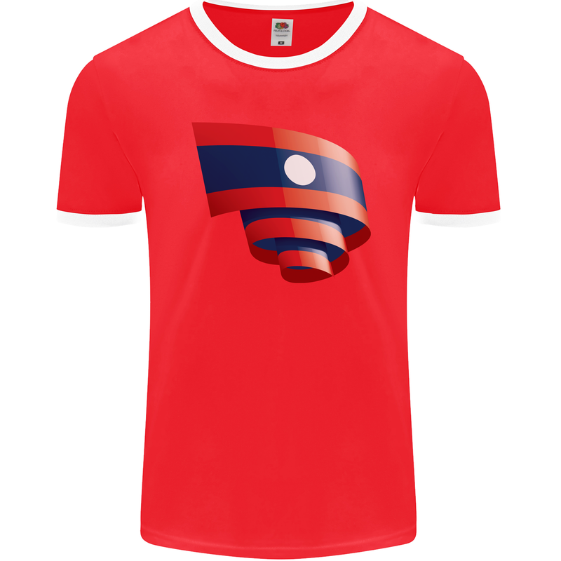 Curled Laos Flag Laotian Day Football Mens Ringer T-Shirt FotL Red/White