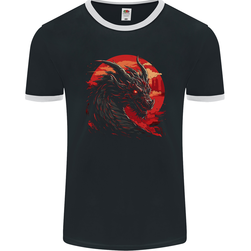 A Fantasy Dragon With a City Backdrop Mens Ringer T-Shirt FotL Black/White