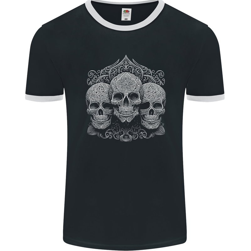 3 Ornate White Skulls Gothic Goth Mens Ringer T-Shirt FotL Black/White