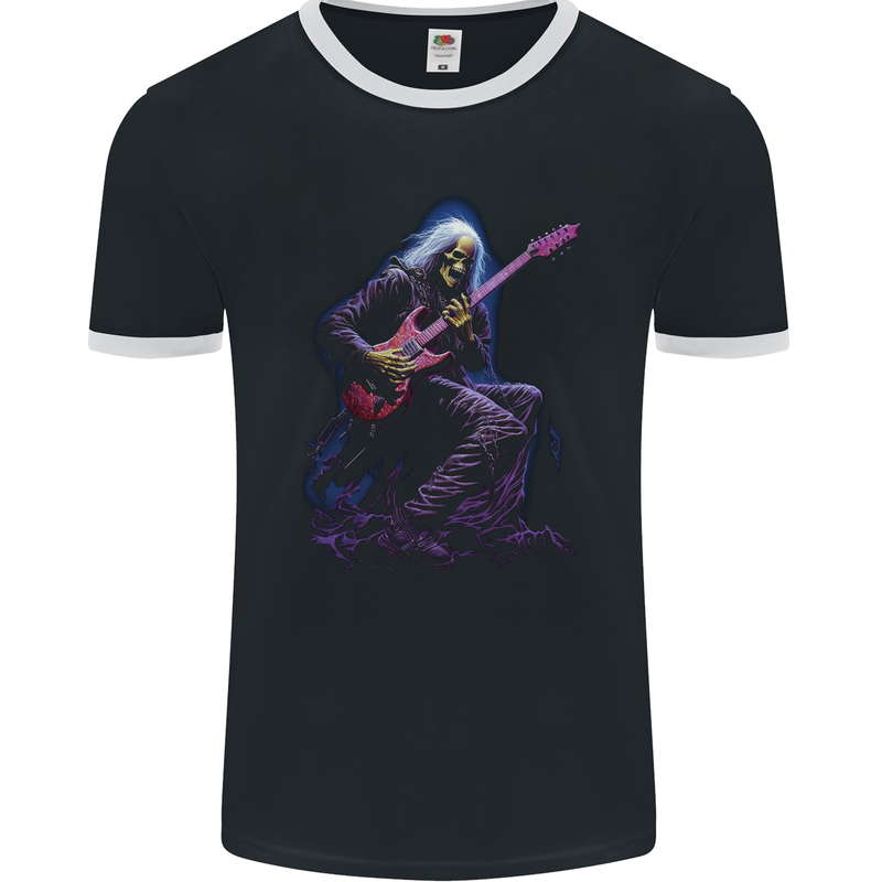 Skull Rocker Rock n Roll Heavy Metal Electric Guitar Mens Ringer T-Shirt FotL Black/White