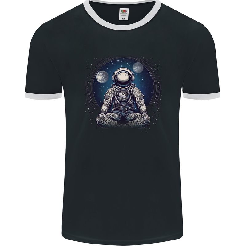 Meditating Astronaut Yoga Space Planets Mens Ringer T-Shirt FotL Black/White