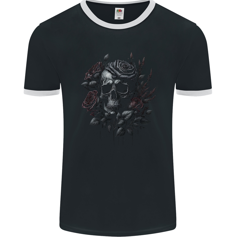 A Gothic Skull With Flowers Roses Mens Ringer T-Shirt FotL Black/White