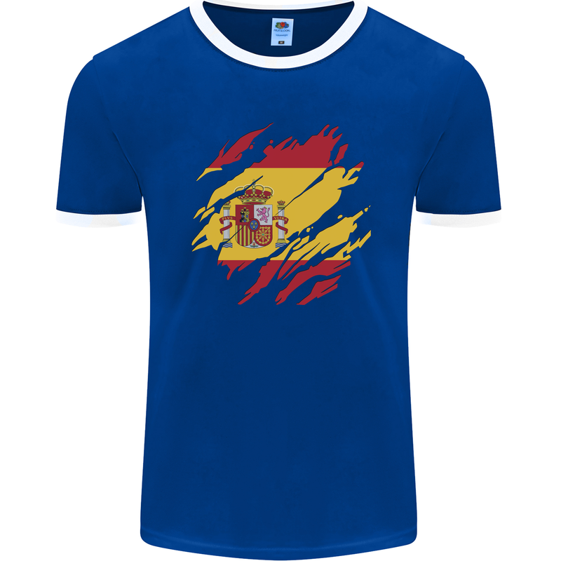 Torn Spain Flag Spanish Day Football Mens Ringer T-Shirt FotL Royal Blue/White