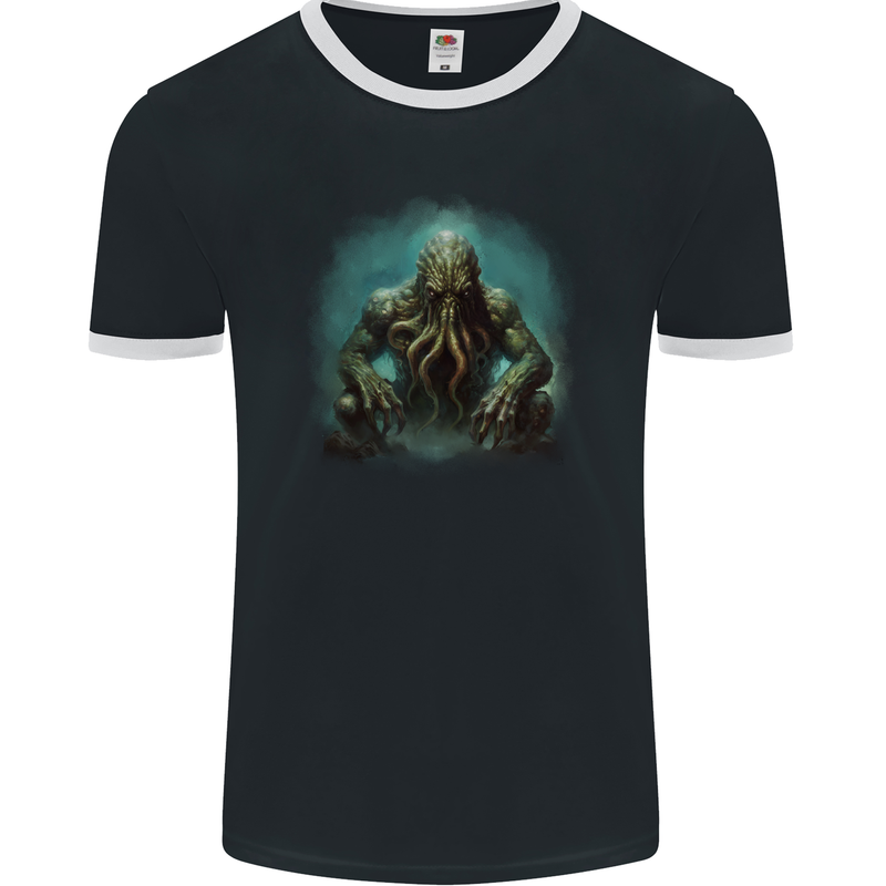Kraken Under the Ocean Cthulhu Poseidon Mens Ringer T-Shirt FotL Black/White