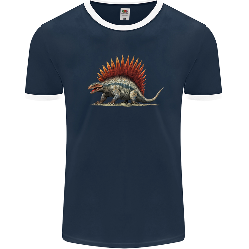 Dimetrodon Dinosaur Mens Ringer T-Shirt FotL Navy Blue/White