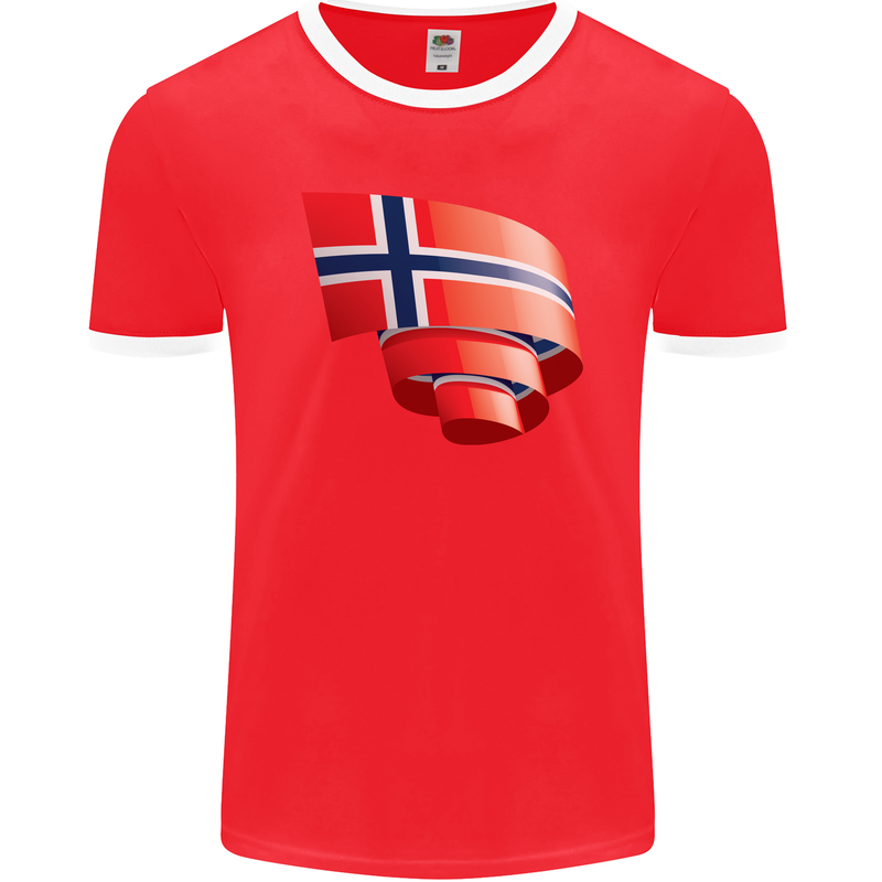 Curled Norway Flag Norwegian Day Football Mens Ringer T-Shirt FotL Red/White
