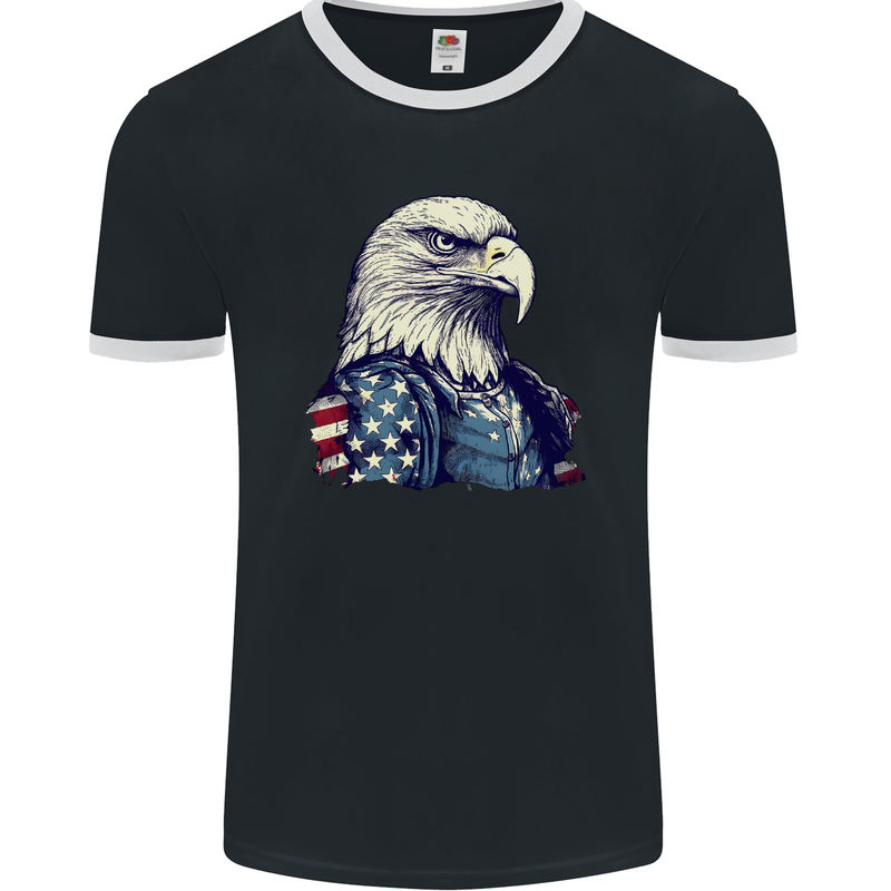 July 4th American Eagle With USA Flag Mens Ringer T-Shirt FotL Black/White