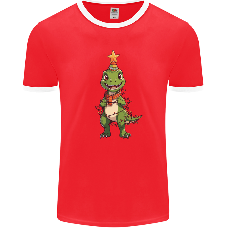 Cute Christmas T-Rex Funny Xmas Dinosaur Mens Ringer T-Shirt FotL Red/White