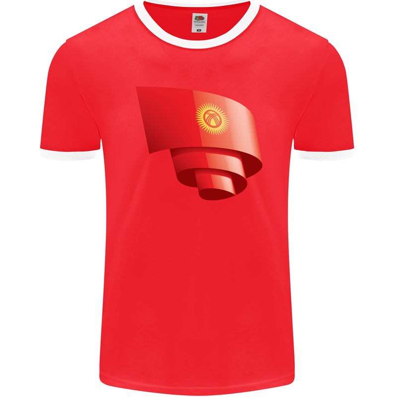 Curled Kyrgyzstan Flag Kyrgyz Day Football Mens Ringer T-Shirt FotL Red/White