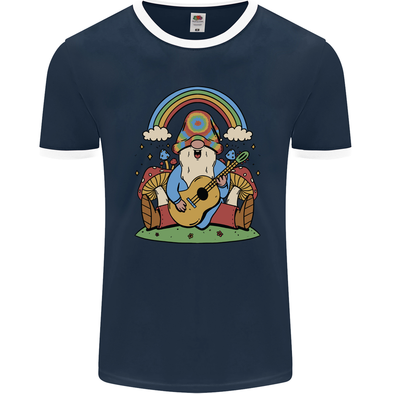 Trippy Guitar Hippy Gnome Magic Mushrooms Mens Ringer T-Shirt FotL Navy Blue/White