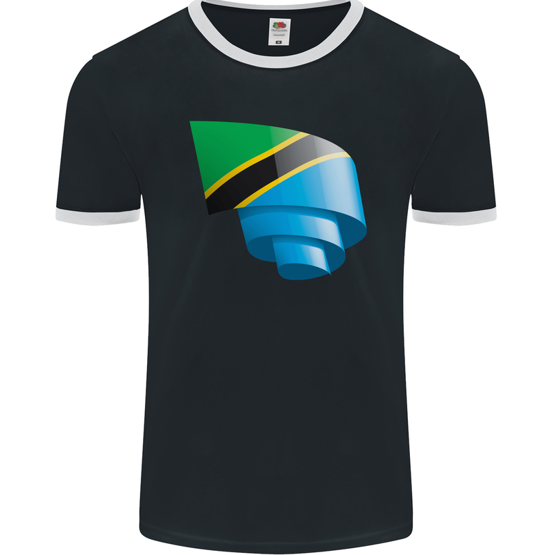 Curled Tanzania Flag Tanzanian Day Football Mens Ringer T-Shirt FotL Black/White