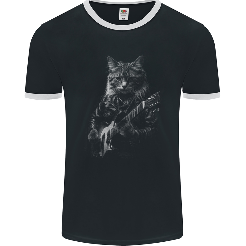 Rock Cat with an Electric Guitar Mens Ringer T-Shirt FotL Black/White