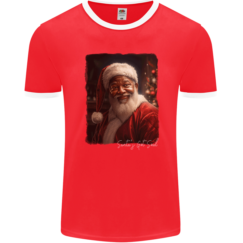 Black Santa's Got Soul Christmas Xmas Mens Ringer T-Shirt FotL Red/White