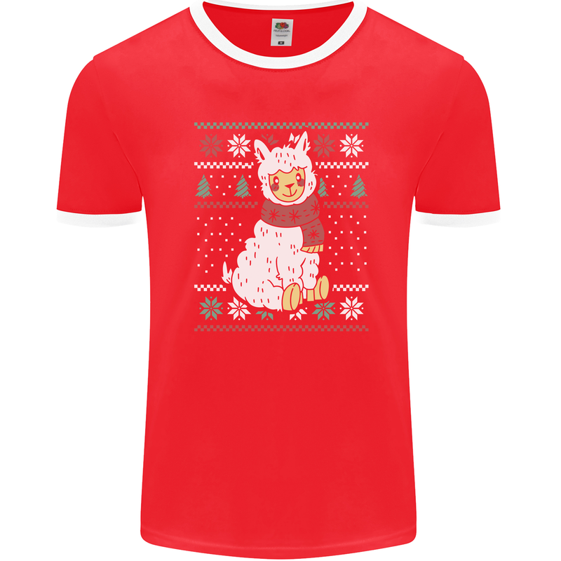 Xmas Llama Wearing a Christmas Scarf Mens Ringer T-Shirt FotL Red/White