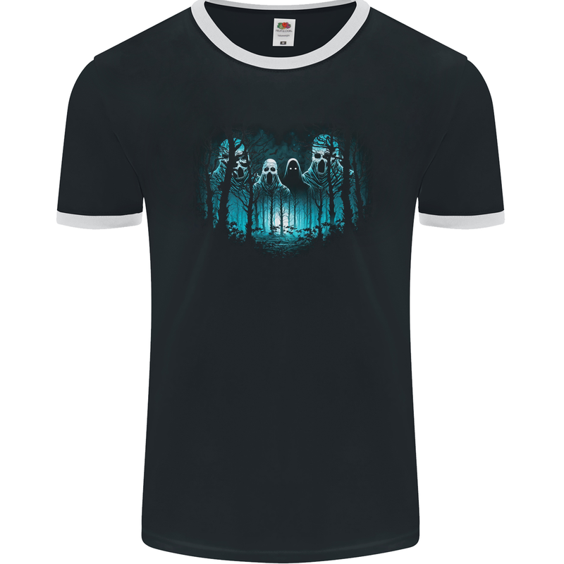 Ghosts in the Woods Halloween Spooky Spirits Mens Ringer T-Shirt FotL Black/White