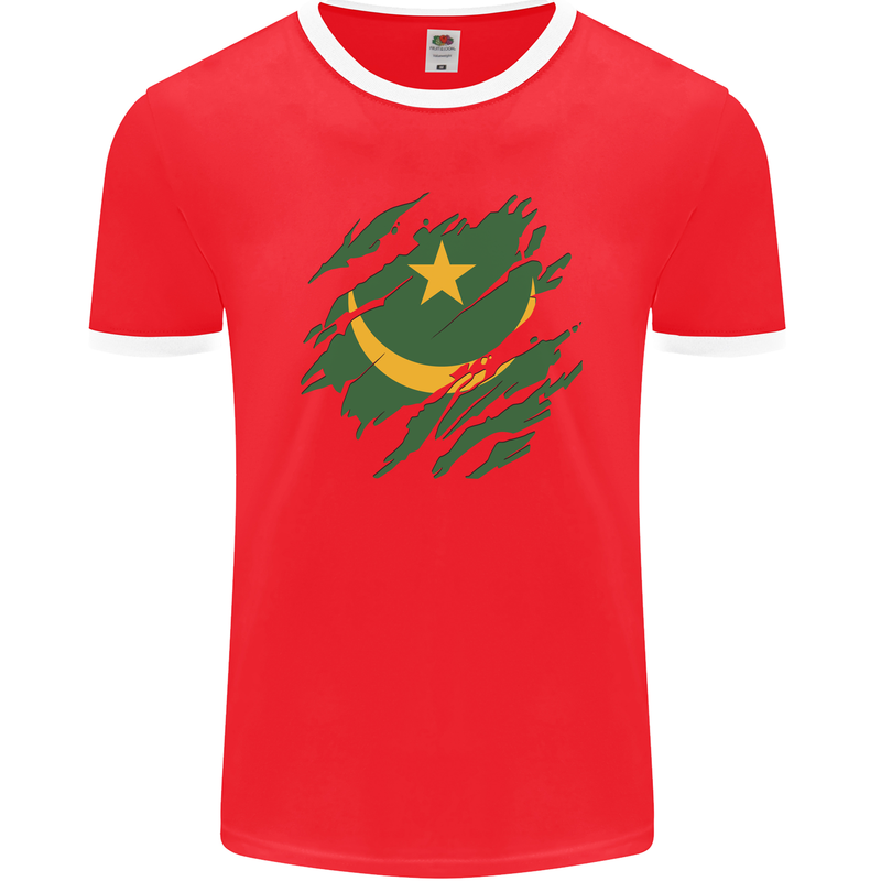 Torn Mauritania Flag Mauritanian Day Football Mens Ringer T-Shirt FotL Red/White