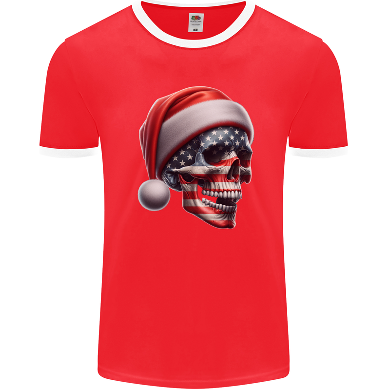 USA Christmas Skull Xmas American Flag Biker Mens Ringer T-Shirt FotL Red/White