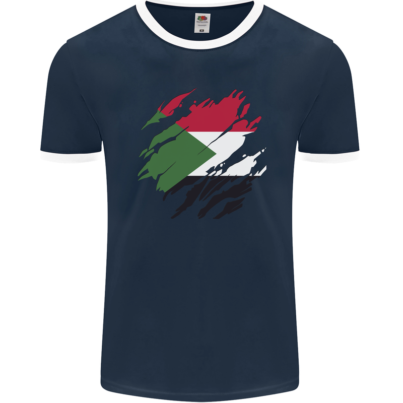 Torn Sudan Flag Sudanese Day Football Mens Ringer T-Shirt FotL Navy Blue/White