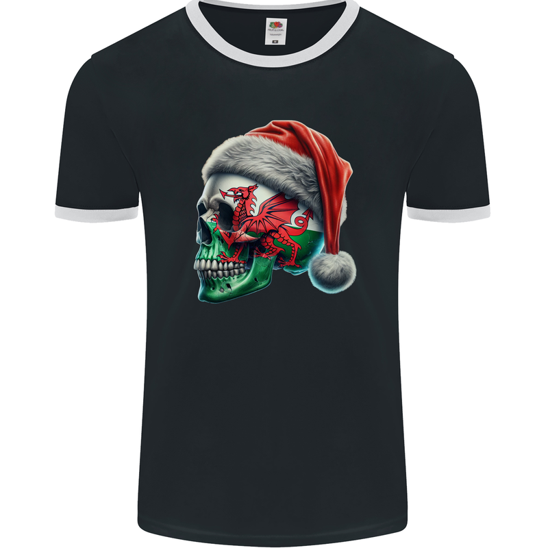 Welsh Christmas Skull Xmas Wales Flag Biker Rugby Mens Ringer T-Shirt FotL Black/White