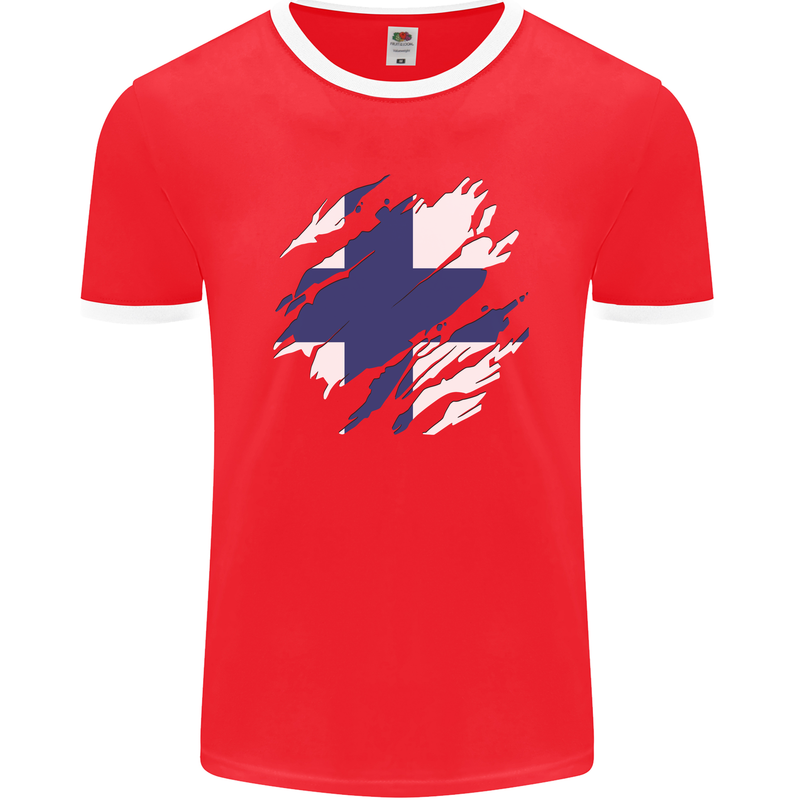 Torn Finland Flag Finnish Day Football Mens Ringer T-Shirt FotL Red/White