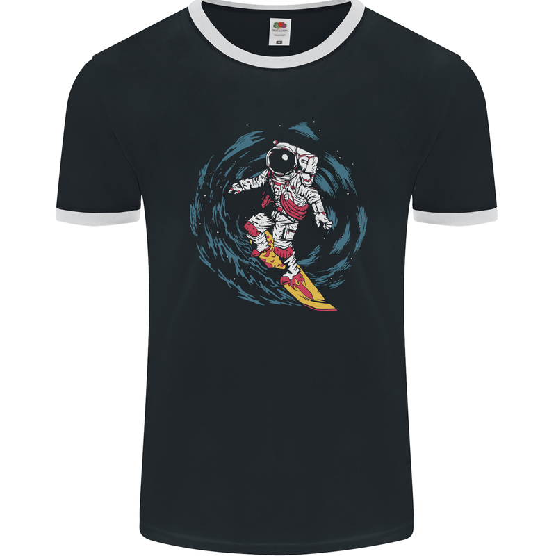 Black Hole Surfer Astronaut Space Surfing Mens Ringer T-Shirt FotL Black/White