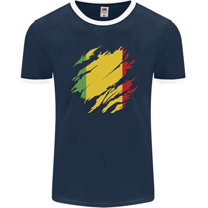 Torn Mali Flag Malian Day Football Mens Ringer T-Shirt FotL Navy Blue/White