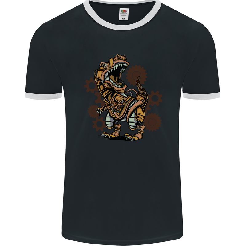 Steampunk T-Rex Dinosaur Mens Ringer T-Shirt FotL Black/White