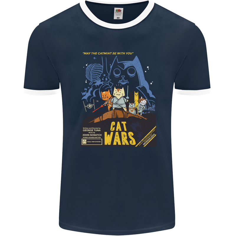 Cat Wars Funny Sci-Fi Mens Ringer T-Shirt FotL Navy Blue/White