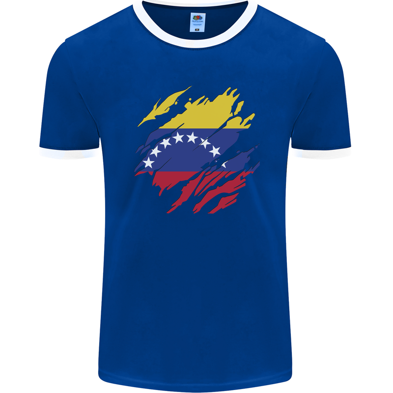 Torn Venezuela Flag Venezuelans Day Football Mens Ringer T-Shirt FotL Royal Blue/White