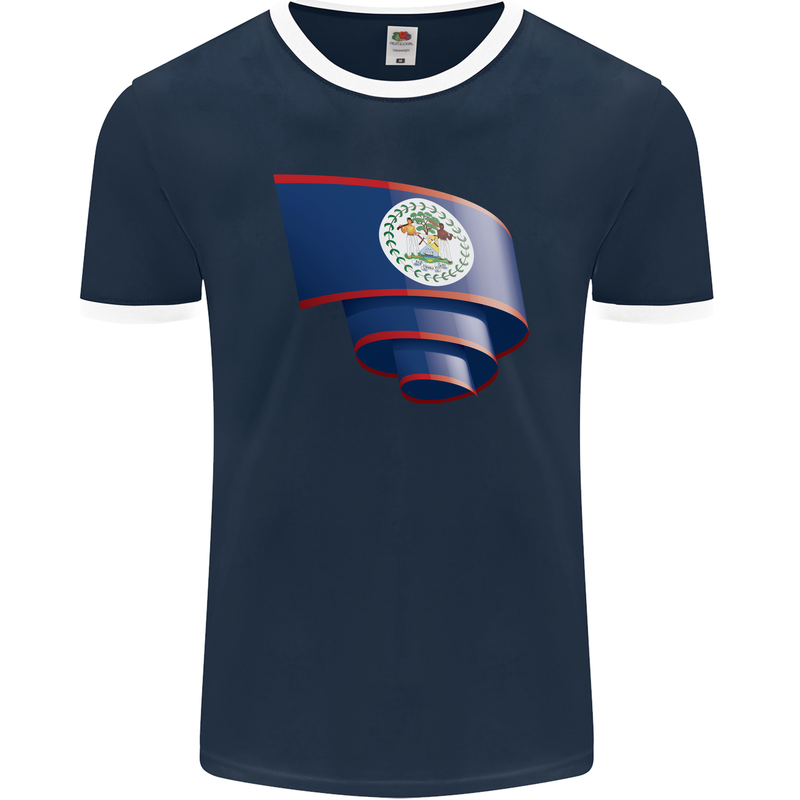 Curled Belize Flag Belizean Day Football Mens Ringer T-Shirt FotL Navy Blue/White