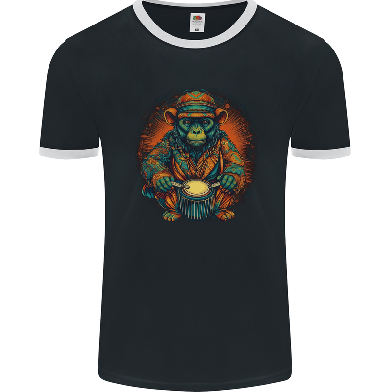 A Monkey Drummer Mens Ringer T-Shirt FotL Black/White