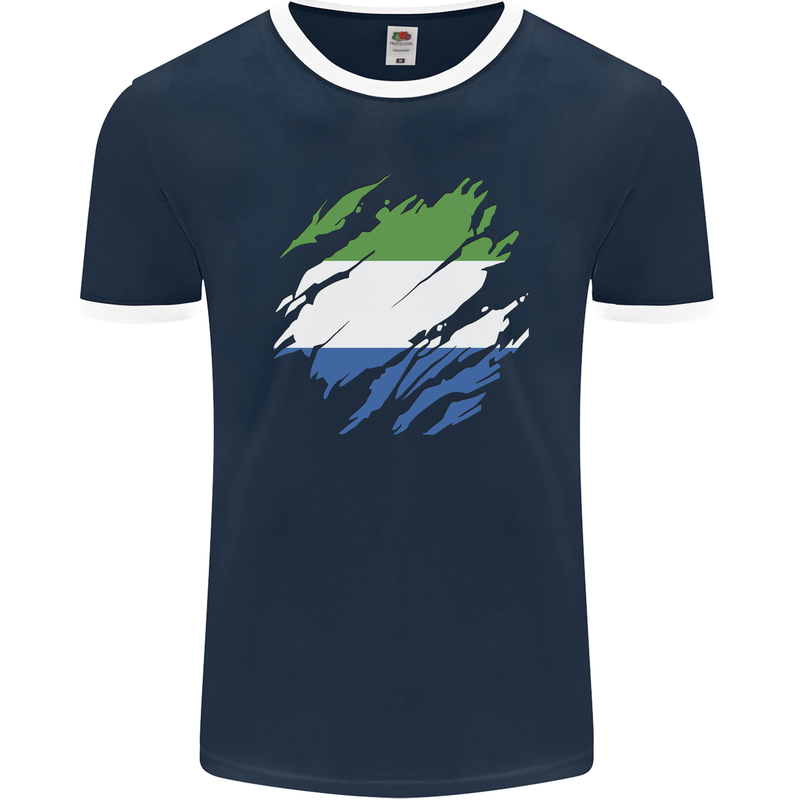 Torn Sierra Leone Flag Leonian Day Football Mens Ringer T-Shirt FotL Navy Blue/White