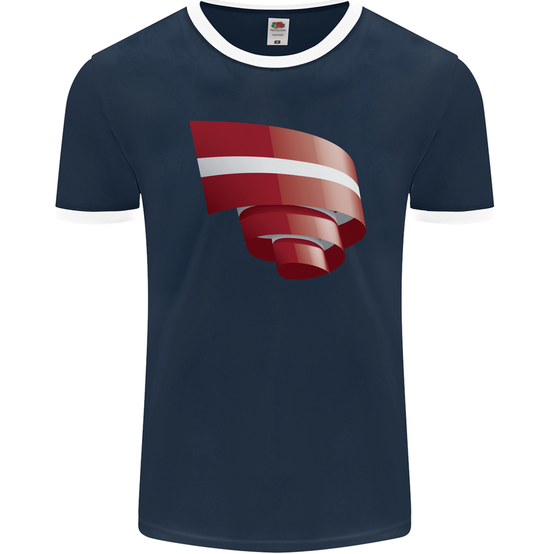 Curled Latvia Flag Latvian Day Football Mens Ringer T-Shirt FotL Navy Blue/White