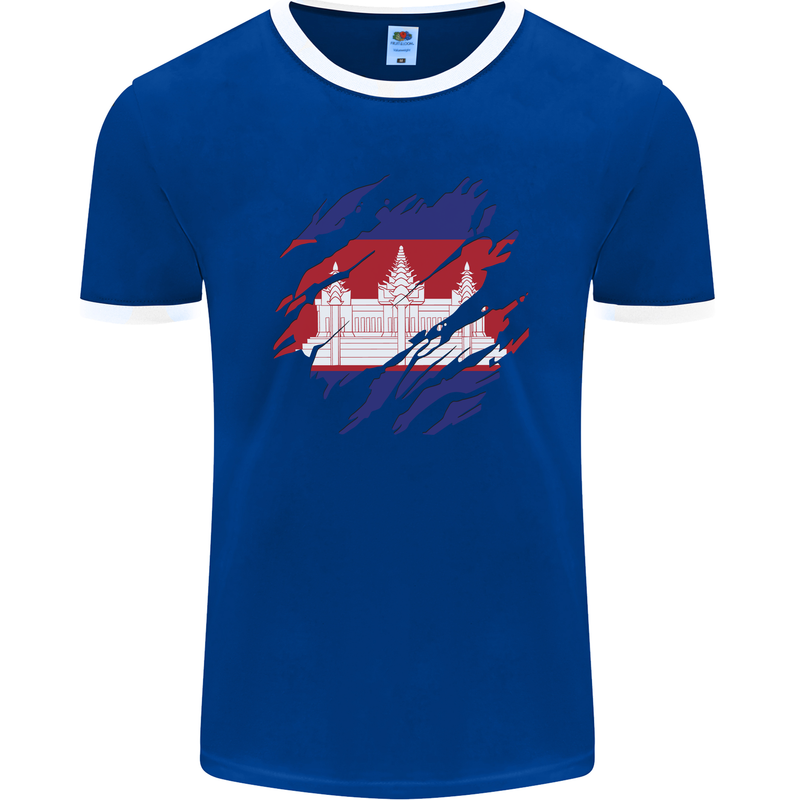 Torn Cambodia Flag Cambodian Day Football Mens Ringer T-Shirt FotL Royal Blue/White