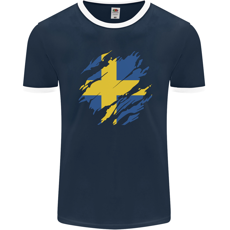 Torn Swedish Flag Sweden Day Football Mens Ringer T-Shirt FotL Navy Blue/White