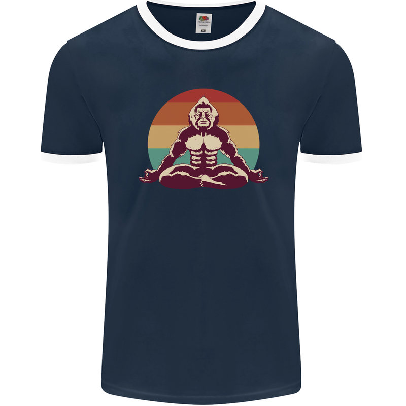 Meditating Bigfoot Yoga Mens Ringer T-Shirt FotL Navy Blue/White