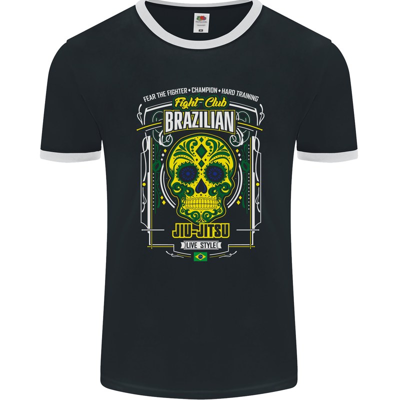 Brazilian Jiu Jitsu Skull MMA Martial Arts Mens Ringer T-Shirt FotL Black/White